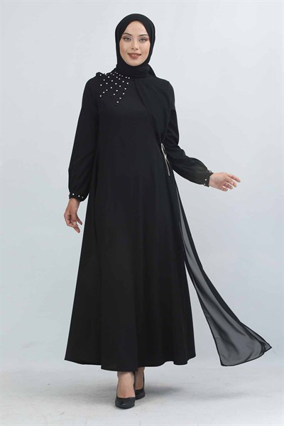 3660 Taş Tokalı Siyah Elbise