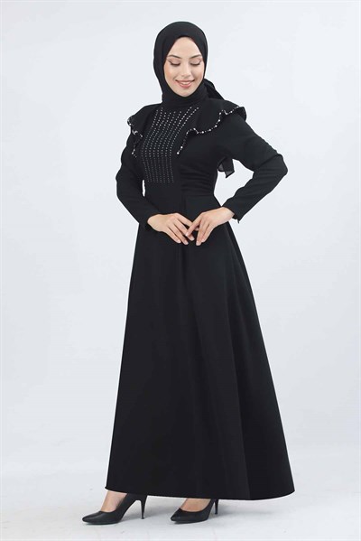 Taş İşlemeli Volan Detaylı Elbise Siyah