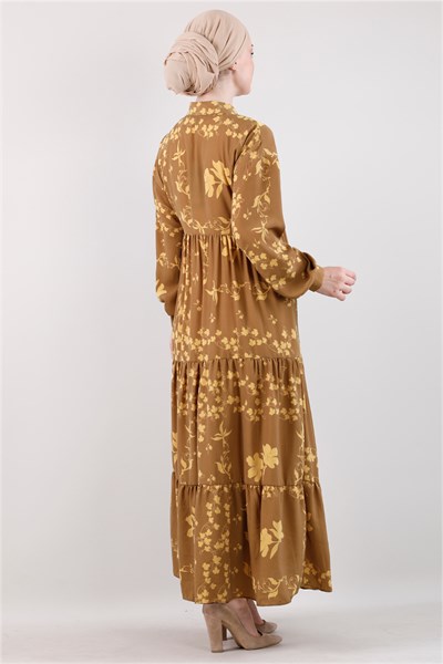 1361 Bahar Desenli Koyu Hardal Elbise