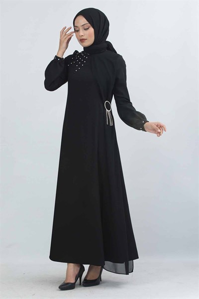 3660 Taş Tokalı Siyah Elbise