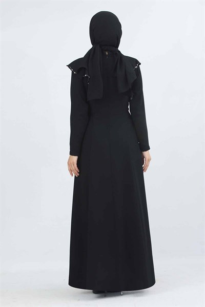 Taş İşlemeli Volan Detaylı Elbise Siyah